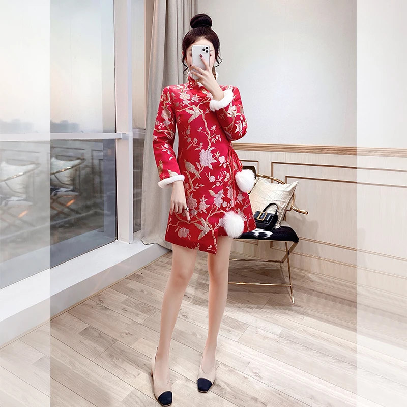 

Зимняя стеганая куртка, утепленный новогодний и зимний красный Чонсам для молодых девушек