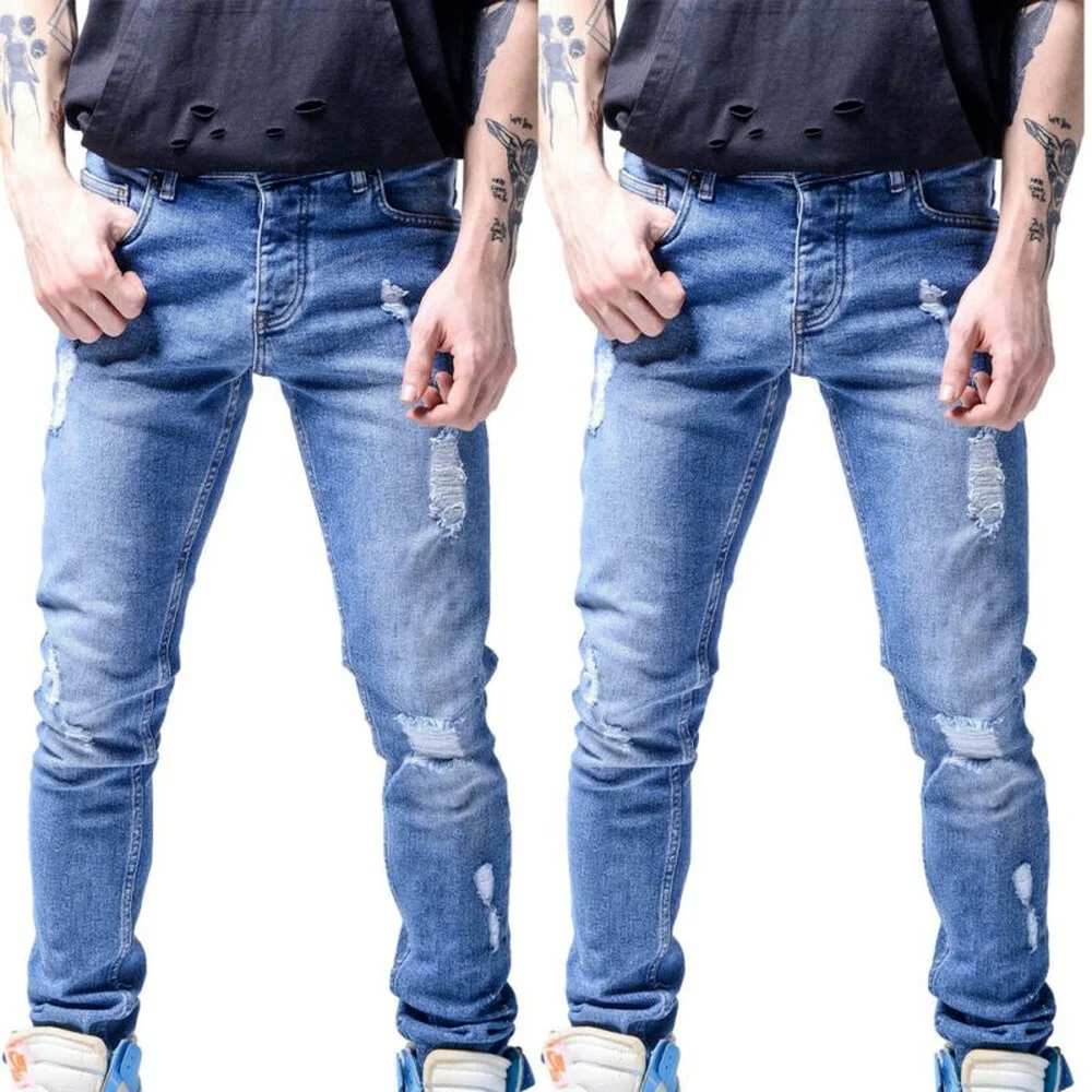 

Men Skinny Jeans Denim Jeggings Pants Ripped Zip Up Stretch Casual Long Trousers