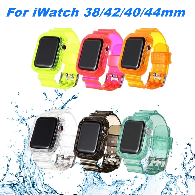 

For Apple Watch 38mm 42mm 40mm 44mm Summer Transparent Silicone Strap Band with Protective Case for iWatch Series 6 5 4 3 2 1
