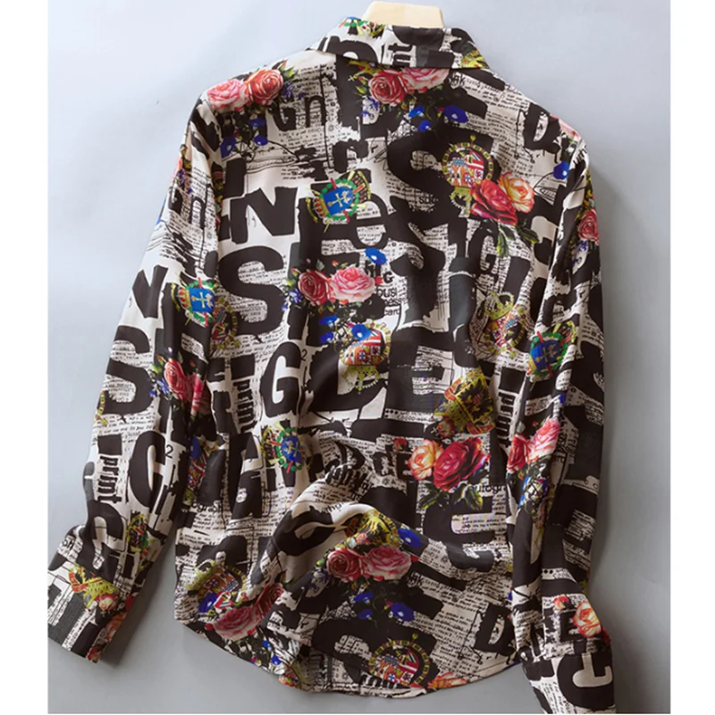 

100% silk button up shirt flower newspaper print blouses shirts for women 2021 fashion clothing black floral top designer office