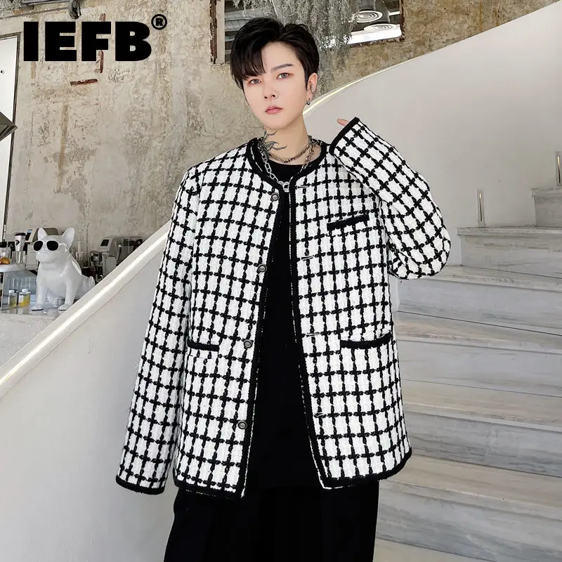 

IEFB Light Luxury Men's Wear Round Collar Single Breasted Plaid Coat Autumn Winter 2021 New Woven Thick Jacket Long Sleeve Tops