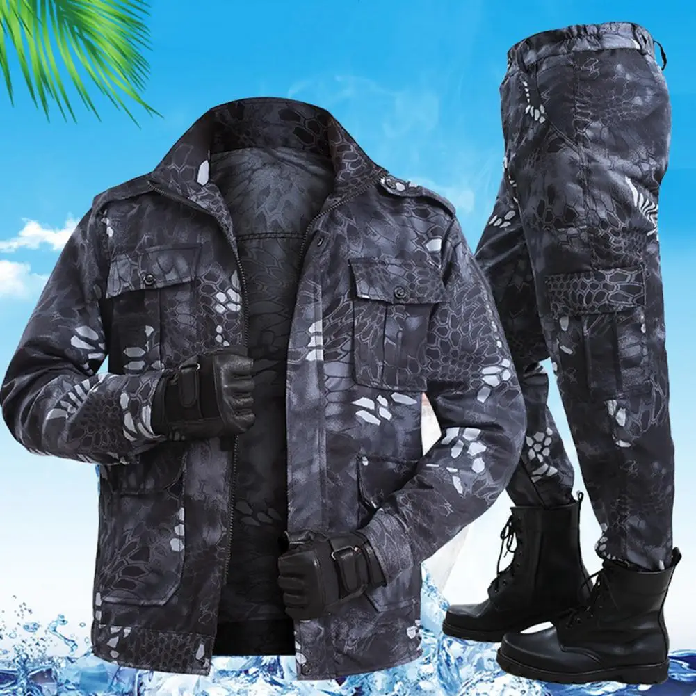

2 Pcs/Set tracksuit men Suit Snap-fastener Cuff Windproof Long Pants Multi Pockets Camouflage Climbing Suit for Adult