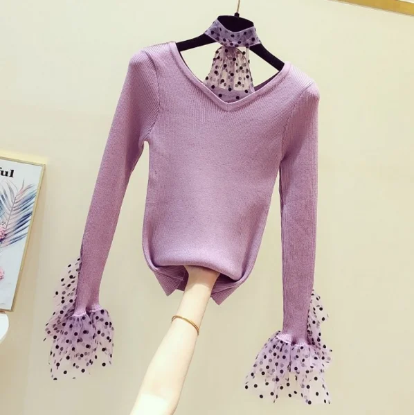 

2020 Spring New Womens sweater Mesh Stitched Pullover Sweater Long-Sleeve V-neck Top Knitwear Female Pull Femme Jumper Clothes