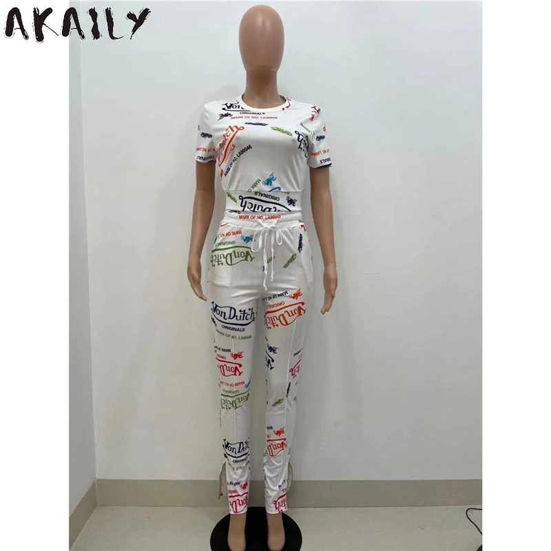 

Akaily Summer Streetwear Black 2 Two Piece Sets Women Outfits White Letter Print Crop Top T Shirt Pants Set Female Sweatsuits
