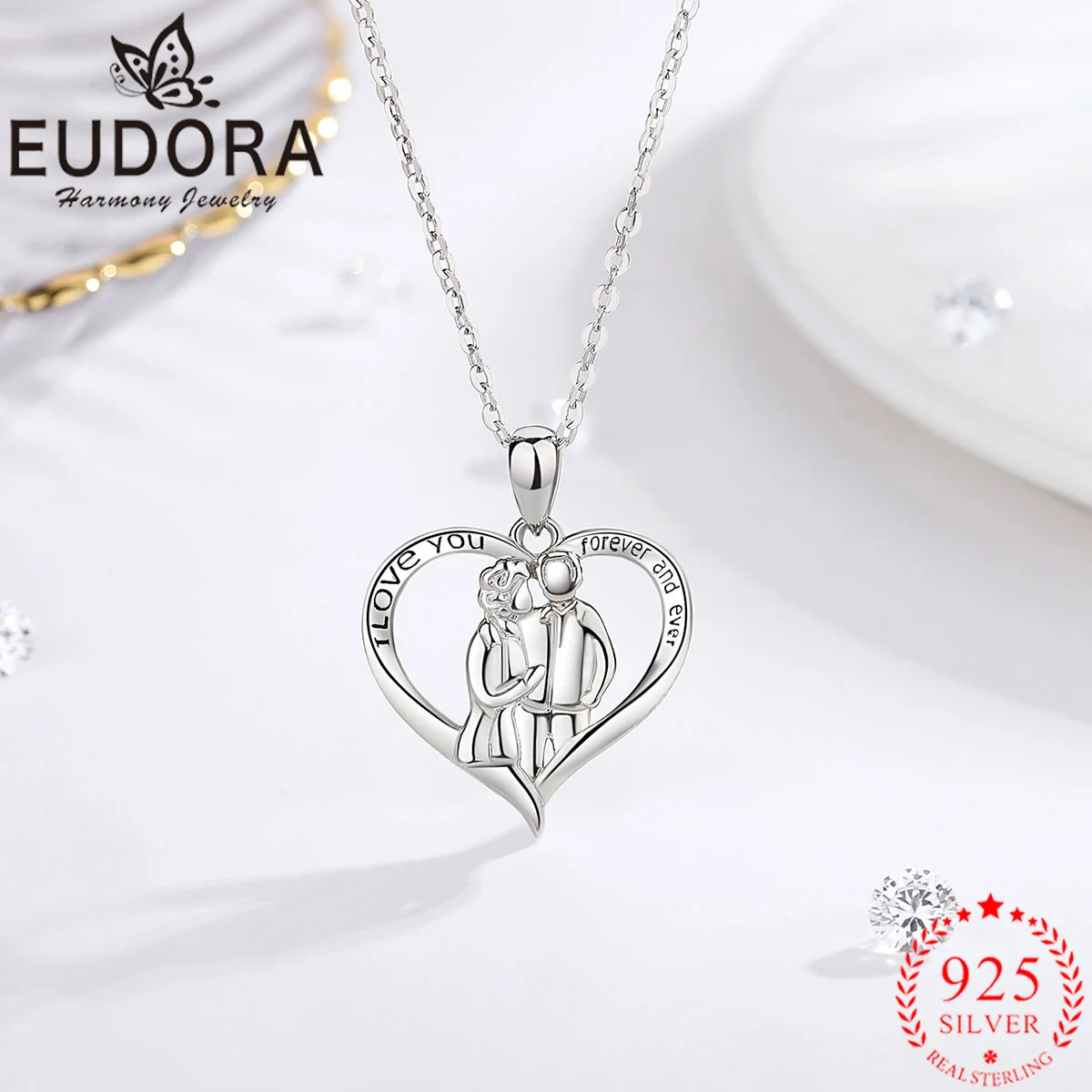 

Eudora Real 925 Sterling Silver Mother Father Love pendant Necklace boy and girl i love you Necklaces Women fine Jewelry CYD690