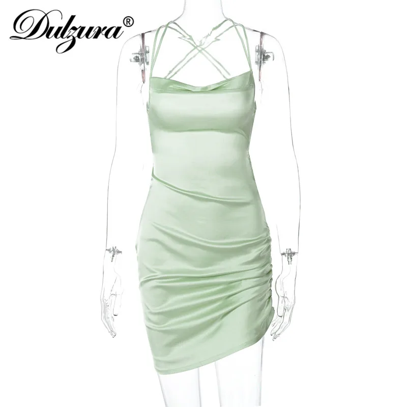 

Dulzura Satin Women Strap Mini Dress Ruched Lace Up Cross Bandage Backless Bodycon Sexy Party Elegant 2020 Club Christmas Slim
