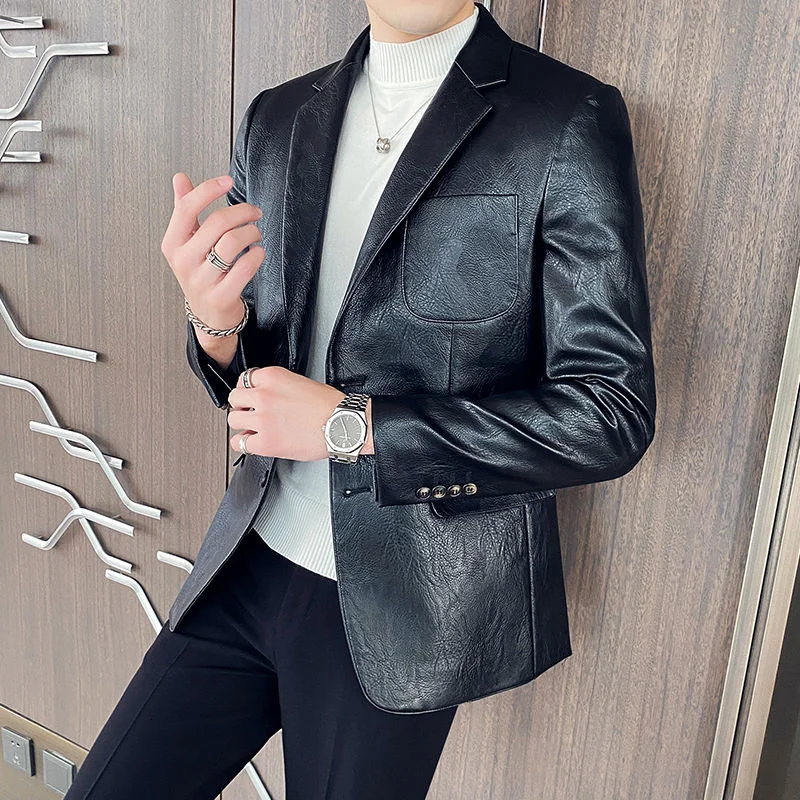 

Veste Homme Winter New Blue Solid Color Slim Fit Leather Suit Terno Masculino Stylish Blazers For Men Chaqueta Hombre Black