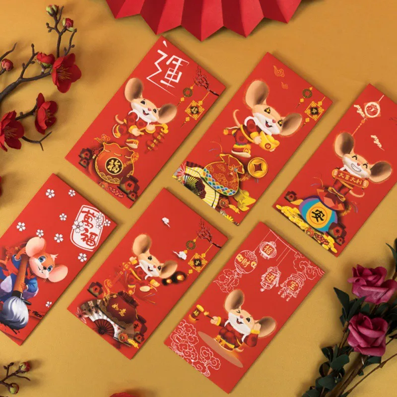 6 шт. Мультяшные красные конверты с изображением крысы новогодний китайский