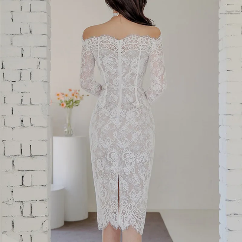 

Korean Temperament Women Slash Collar Slim Fashion Sexy Lace Dress Elegant Long Sleeves Bottoming Chic Ladys Dress