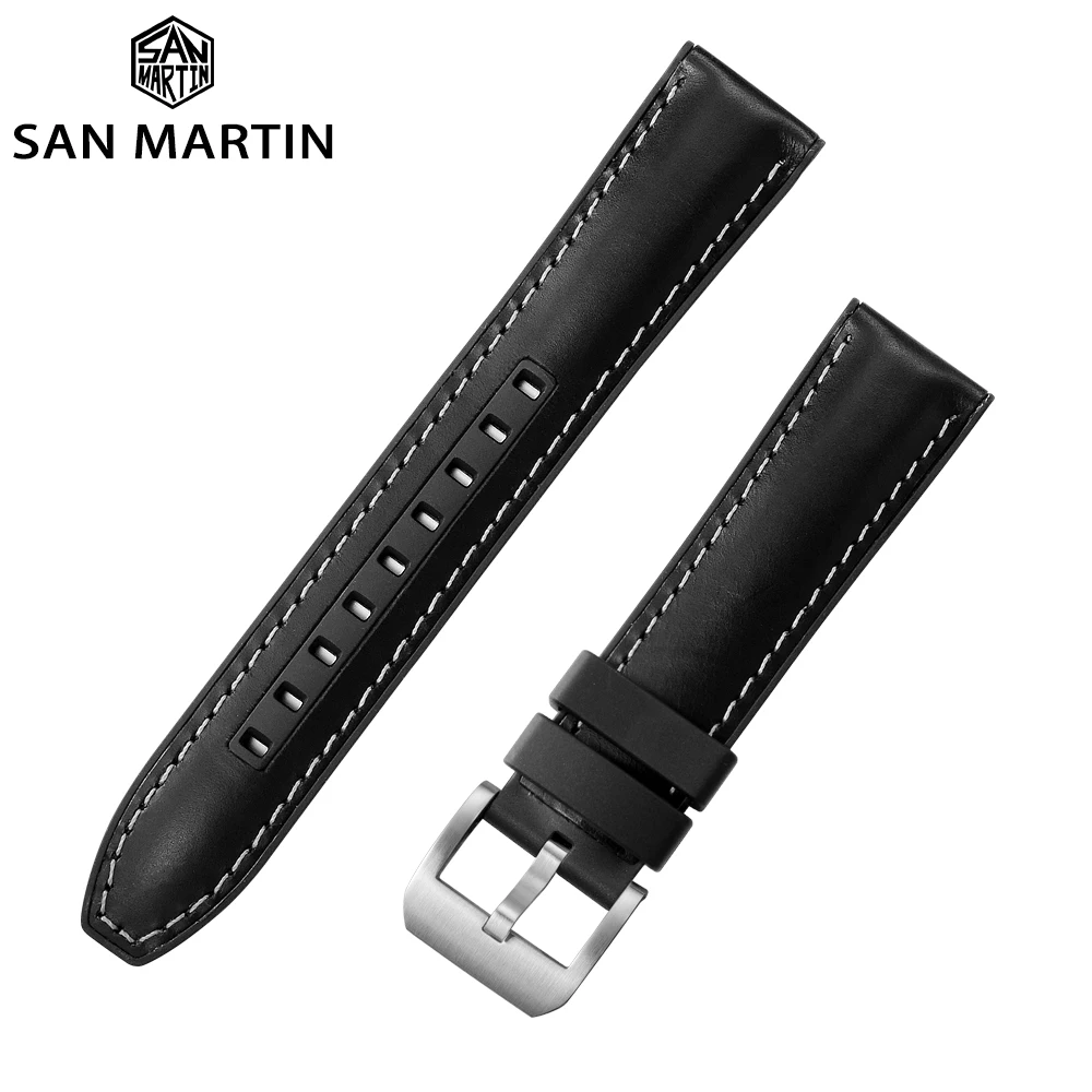 San Martin Watch Bands Leather Fluorine Rubber Strap 20/22mm Sports Sweatproof Comfortable Composite Material Watch Parts