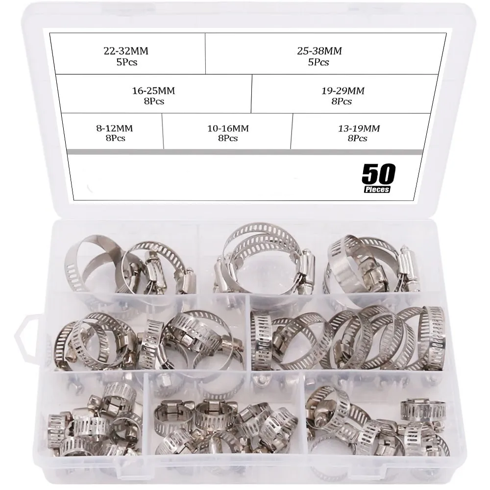 

50 Piece 8-38mm Range Stainless Steel Adjustable Worm Gear Hose Clamps Assortment Kit for Water Pipe