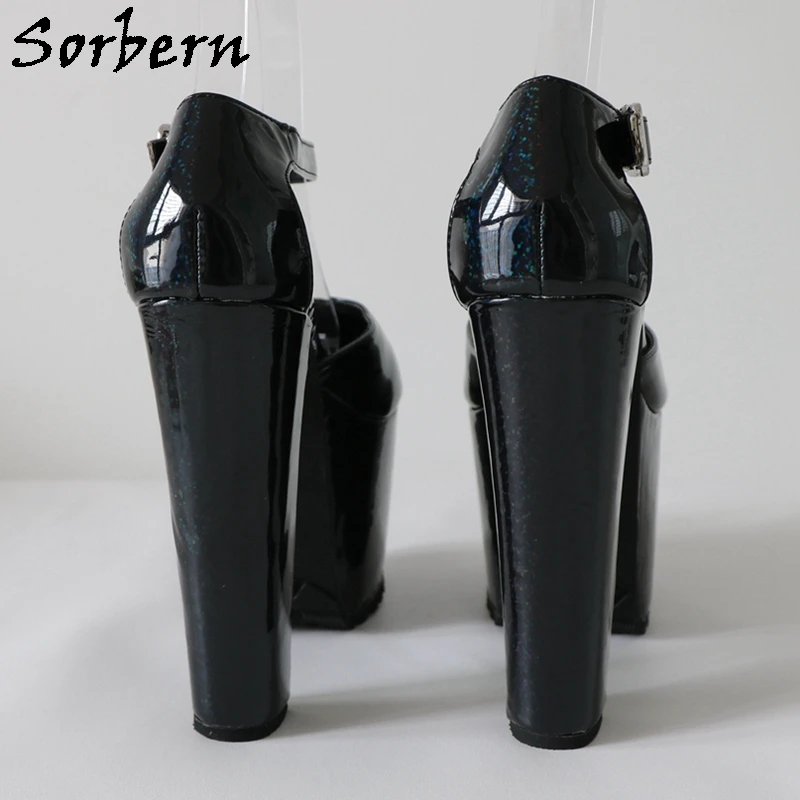 Sorbern Holo Glitter Women Pump Block High Heels Ankle Straps TPU Rubber Sole Thick Platform Chunky Heeled Shoes Fetish Style