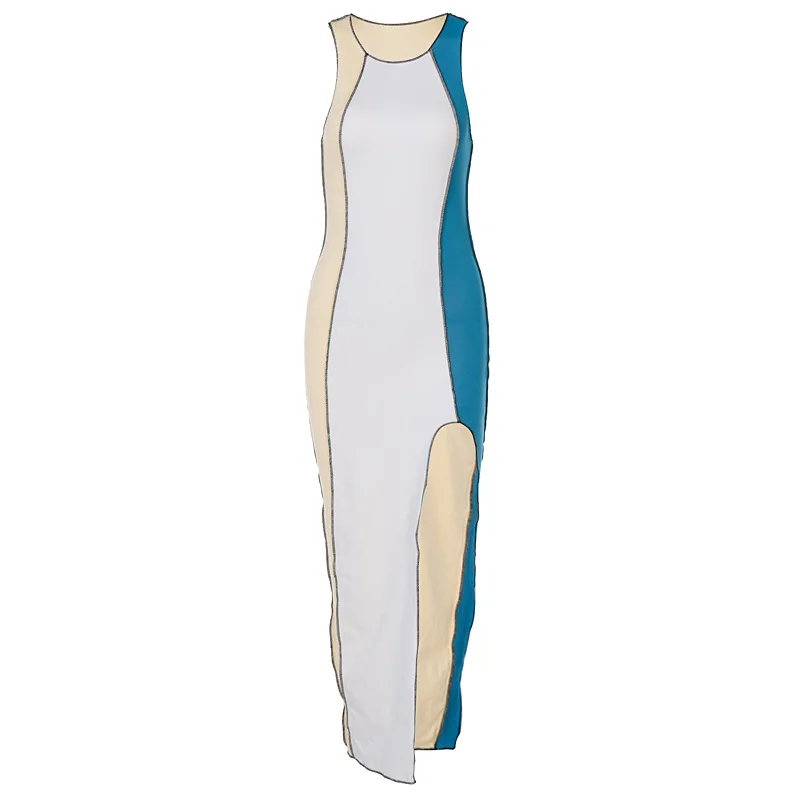 

2021 Summer Contrast Color Patchwork Elegant Skinny Dresses for Women O-Neck Side High Split Bandage Sexy Bodycon Dress New
