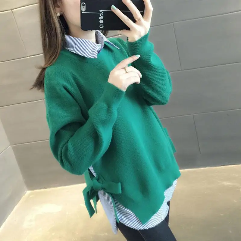 

Two piece striped shirt lace up sweater spring new loose bottomed sweater suit for women