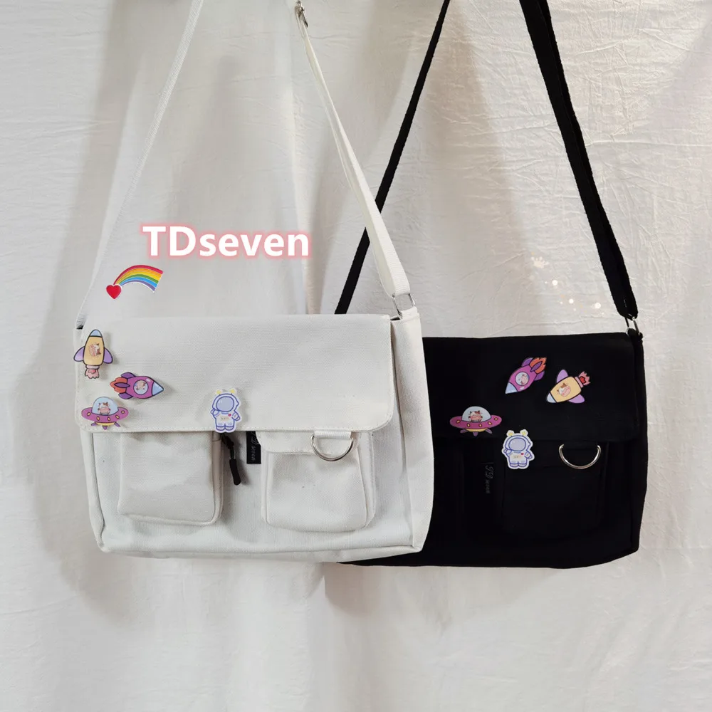Women Shoulder Messenger Bag Outer Space Cartoon Cattle Badge Women Canvas Bag Student Bag High Capacity Cute Spaceship Rocket