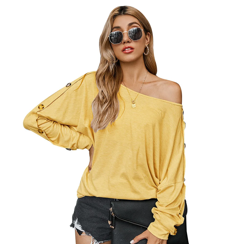 

Autumn Women's Casual Big Round Neck Button Decorated Long Sleeve T-Shirt