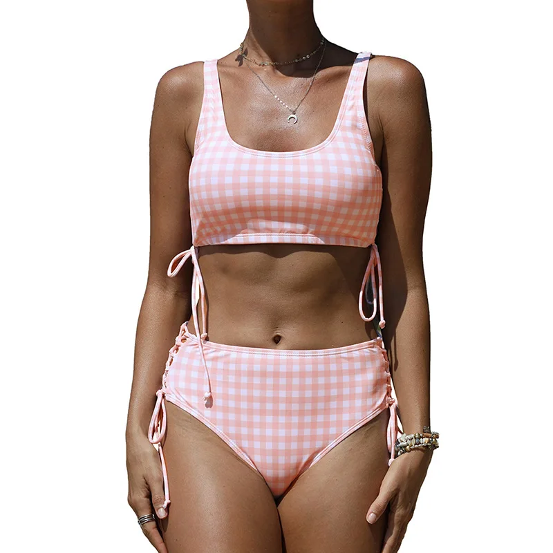 

Summer and autumn new two-piece conservative lattice high waist swimsuit women's belt sexy two-piece swimsuit