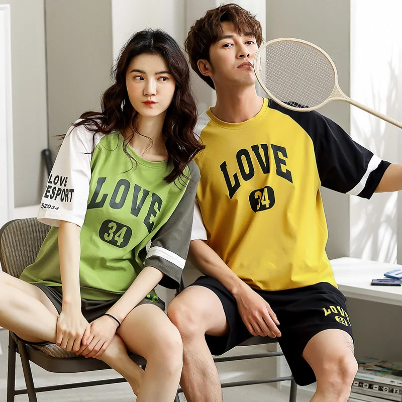 Парные пижамы хлопковые мужские летние с коротким рукавом женские тонкие парные