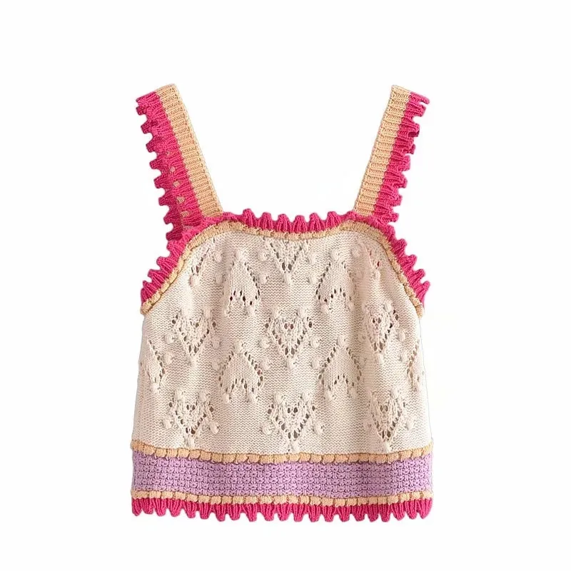 

TRAF Za Crochet Top Woman Knitted Halter Crop Top Women Summer 2021 Backless Sexy Blue Tops Vintage Cut Out Sleeveless Tops