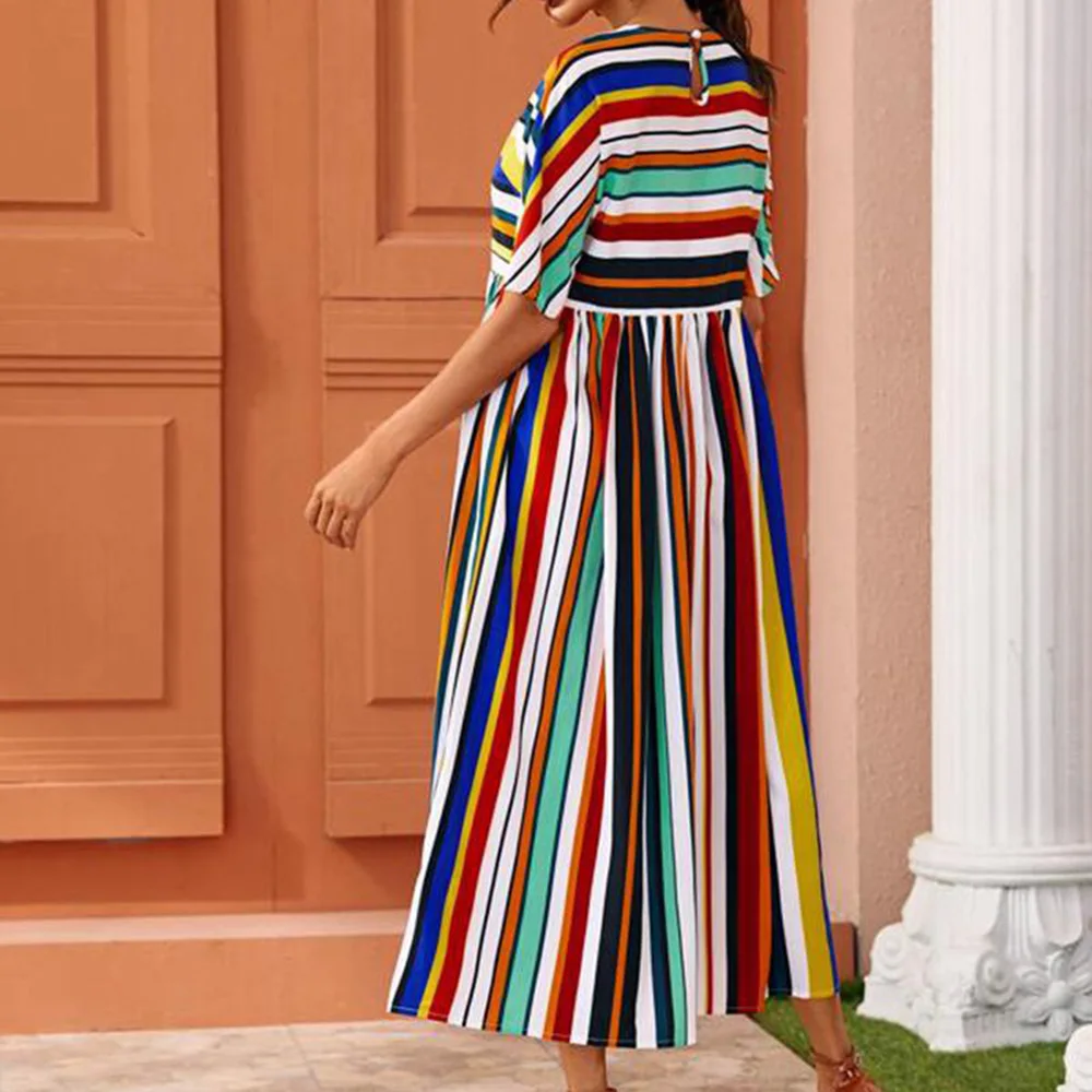 Boho Полосатое лоскутное ТРАПЕЦИЕВИДНОЕ ПЛАТЬЕ МИДИ Лето 2020 элегантное офисное