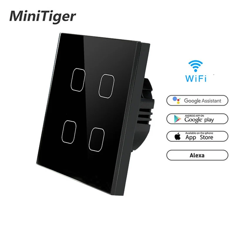 

Minitiger Smart Home 4 Gang 1 way Wireless WiFi EU Standard Touch Switch Wall Light Touch Switch,ewelink App Control