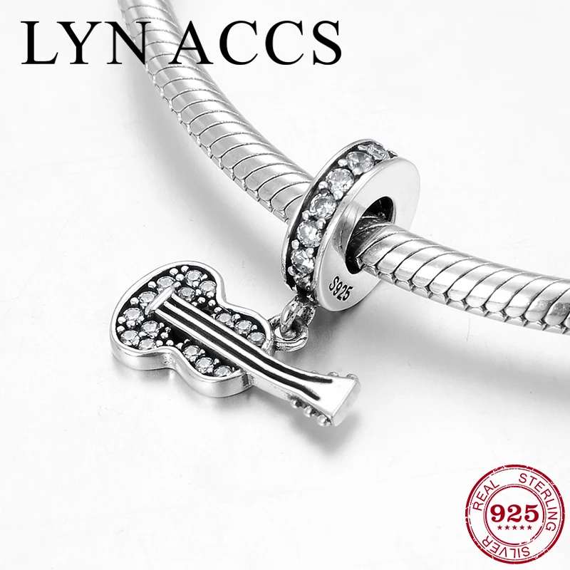 New 925 Sterling Silver Like music guitar shape CZ Charm Pendant beads for Jewelry making Fit Original LYNACCS Bracelet Bangles |