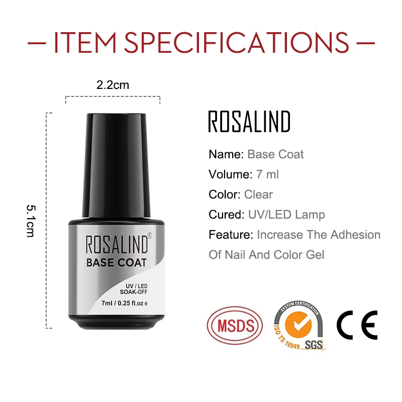 ROSALIND 7ml Base&ampTop Coat Gel Nail Polish Transparent Primer Semi Permanent For Art Design Soak Off Varnish | Красота и здоровье