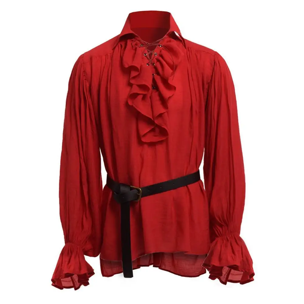 

Men Solid Color Plicated Stand Collar Long Sleeve Medieval Shirt Cosplay Costume