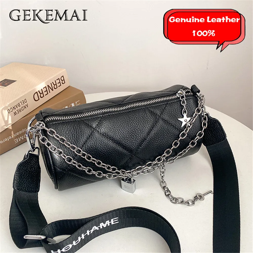 

Genuine Leather Women's Bag Barrel Shaped Chains Design Ladies Crossbody Bags Solid Color Multifunctional Women Shoulder Bags