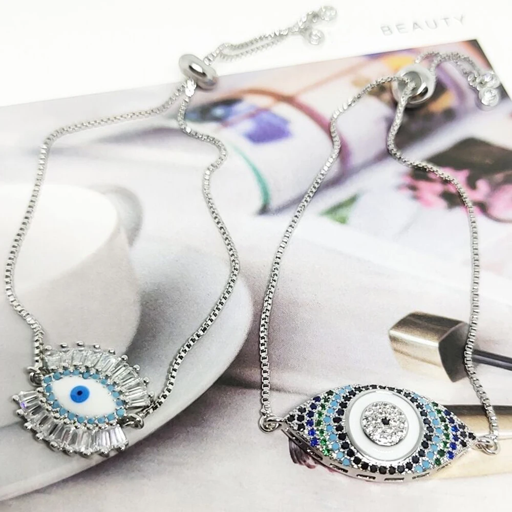 Серебряный браслет греческий глаз для женщин циркониевый синий от сглаза
