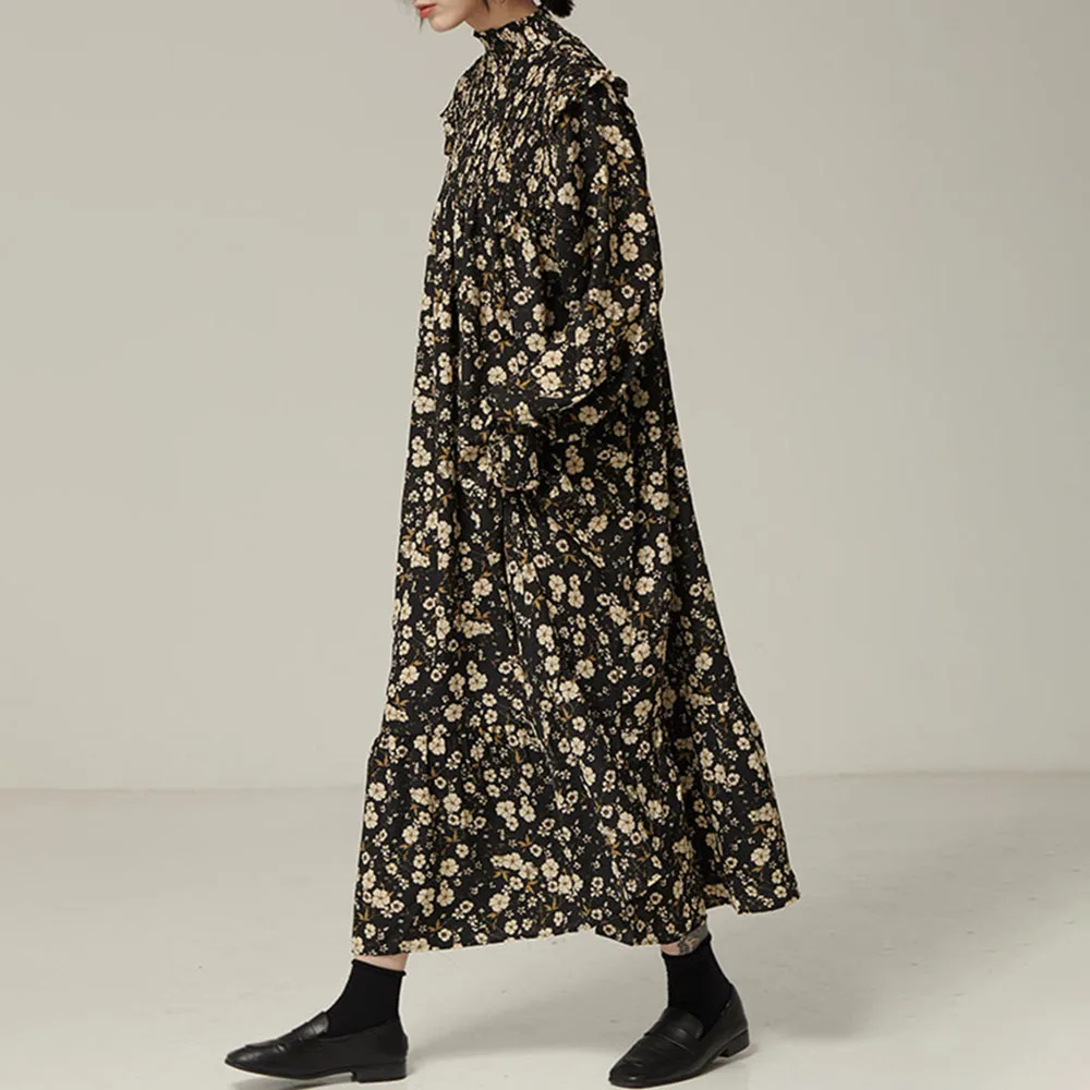 

New Autumn And Winter Chiffon Floral Dress Retro Temperament Was Thin And Loose Mid-length Base Skirt Women Simple Casual Dress