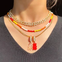 multilayer transparent resin gummy bear pendant rice beaded necklace for women miami bling rhinestone cuban chain hiphop jewelry