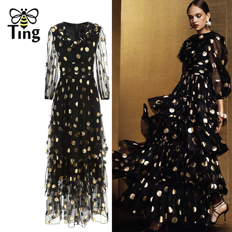 Женское платье-макси Tingfly винтажное Элегантное Длинное платье в Золотой горошек