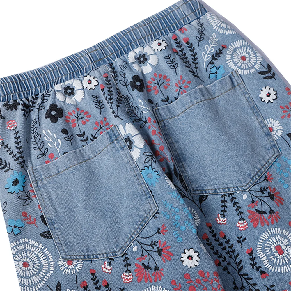 2021 New Arrival Flower Graffiti Print Straight Men Vintage Baggy Jeans Trousers Casual Drawstring Women Denim Pants Pantalones