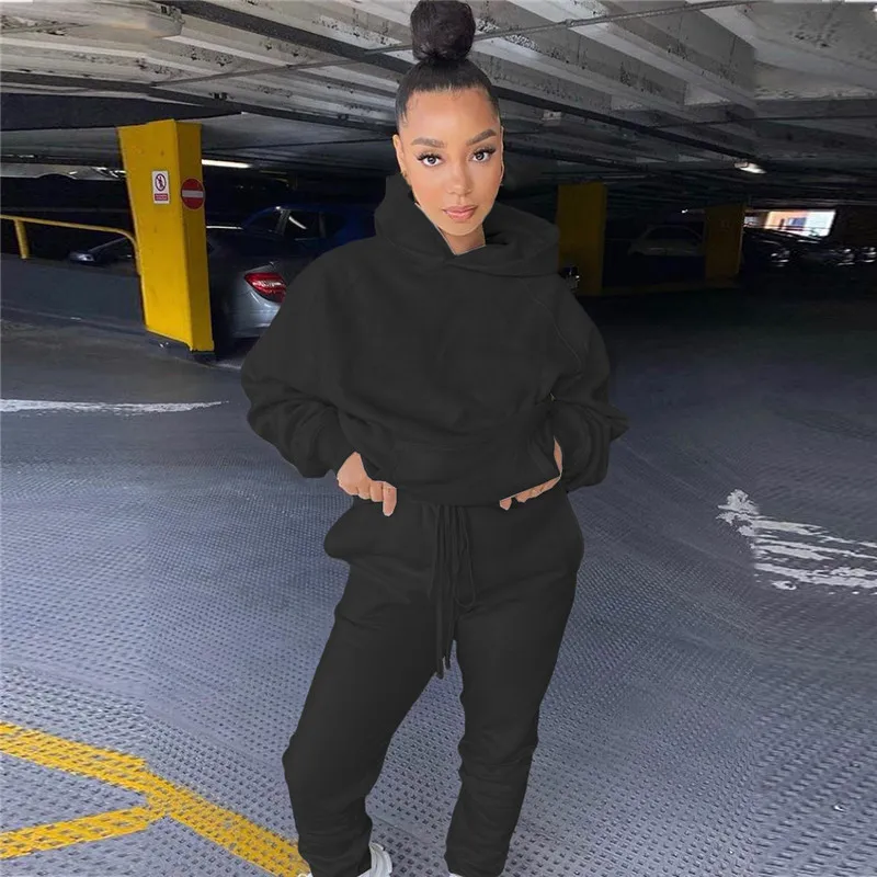 Женский спортивный костюм однотонный свитшот с капюшоном и брюки для бега