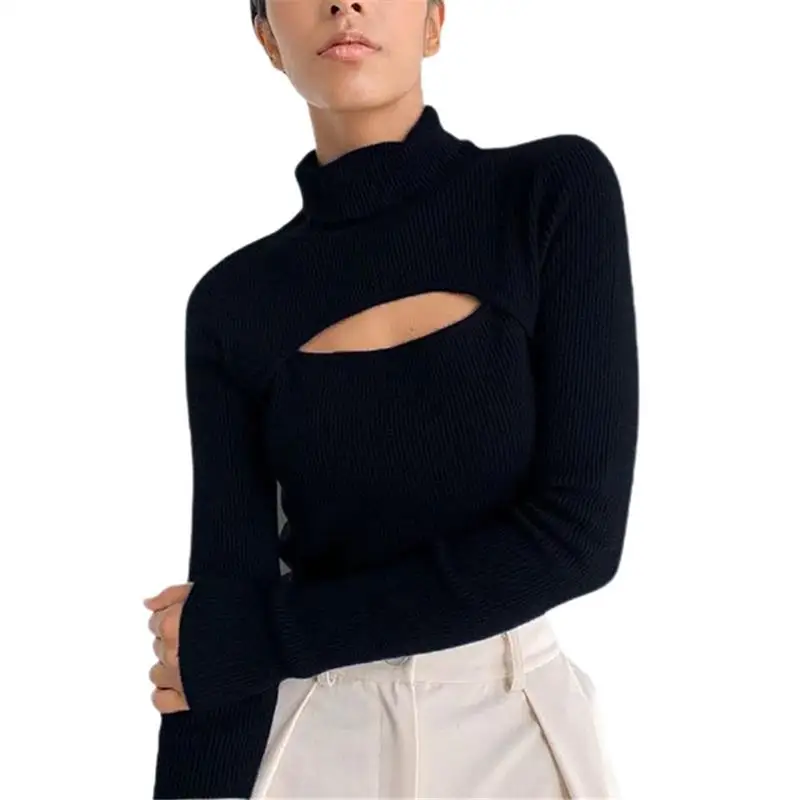

Women Hollow Out Casual Long Sleeve T-Shirt Knitted Turtleneck Top Solid Color Bottoming Shirt Knit Slim Top Pullover топ женски