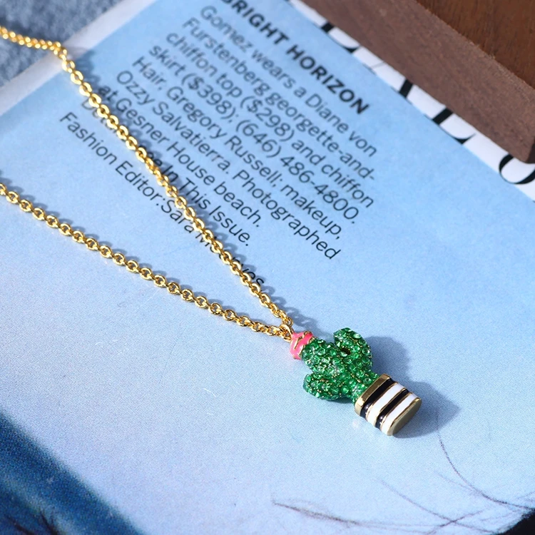 

3D enamel glazed cactus studded pink flower fashion necklace women