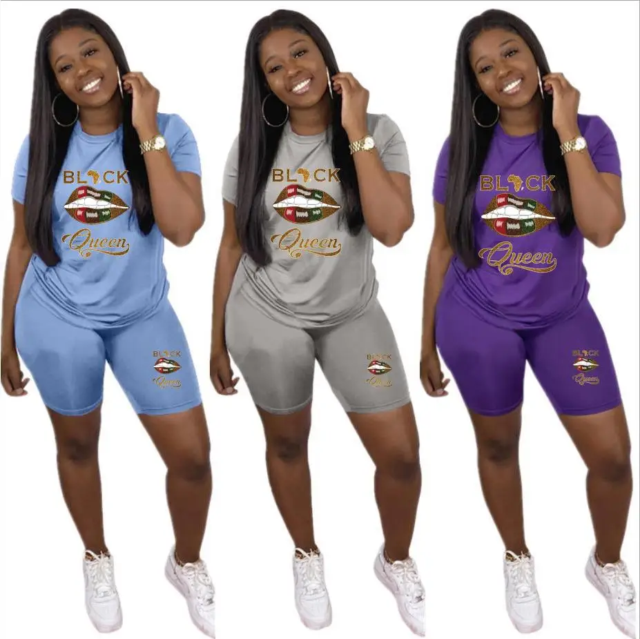 

2 Piece Women Casual Sets Lip Print Summer Short Sleeve Top Solid High Waist Shorts Fashion Female Clothes Sets 2021 New