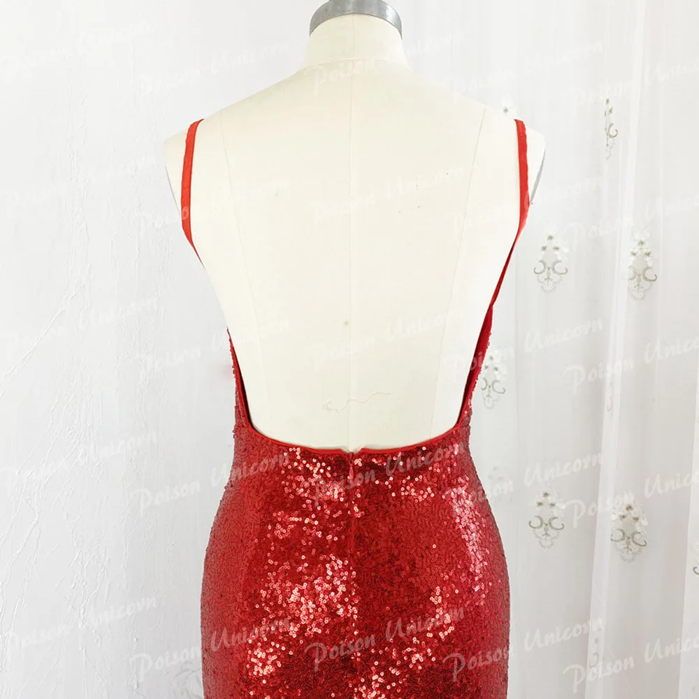 Sexy 2020 Red Cheap Mermaid Prom Dresses Long Sequined Spaghetti Straps V Neck High Side Split Evening Gown Vestidos De Fiesta | Свадьбы и