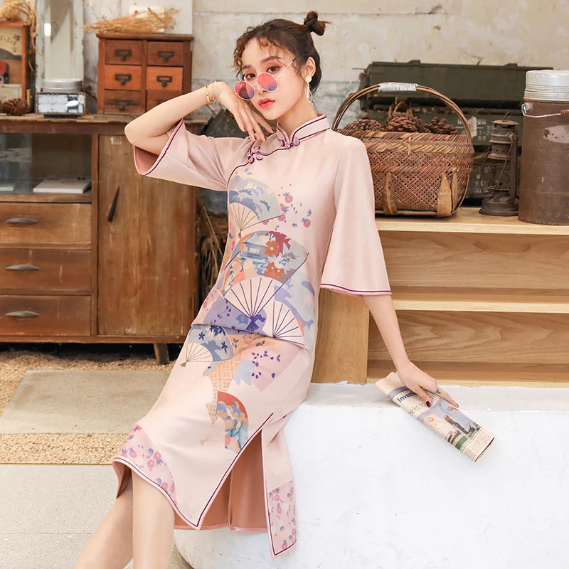 С винтажным принтом Qipao Платье женское модное платье в китайском стиле с рукавом