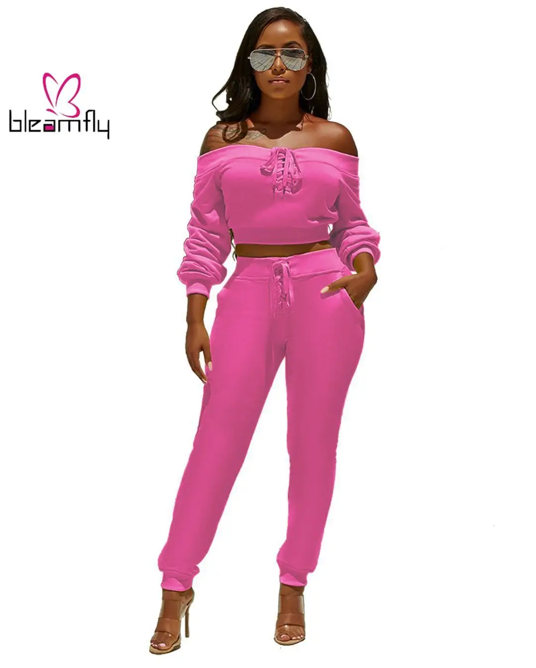 2019 женский осенний костюм на шнуровке с открытыми плечами и вырезом лодочкой топ