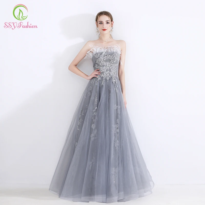 

Женское вечернее платье до пола SSYFashion, элегантное серое платье без бретелек, с блестками и перьями, длинное бальное платье