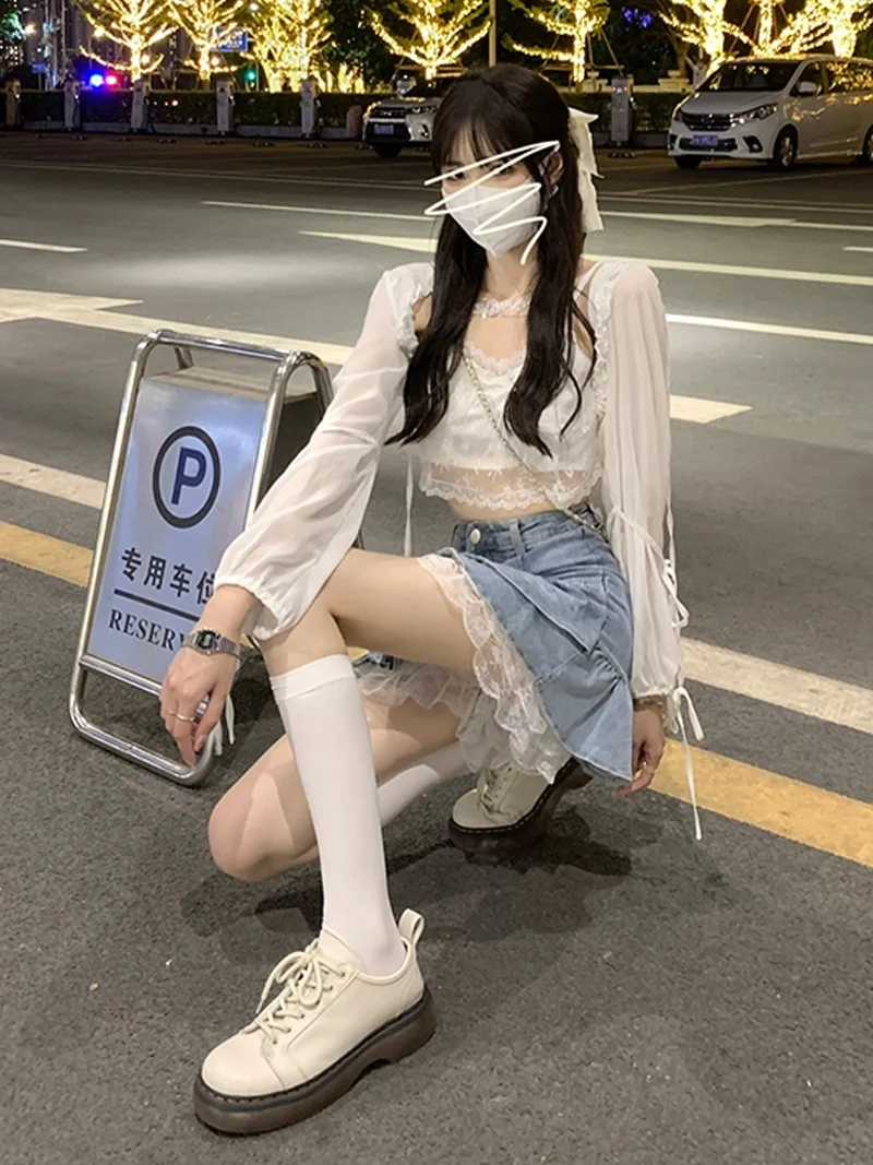 Женская Кружевная подвязка носит новый летний белый короткий милый и острый Топ