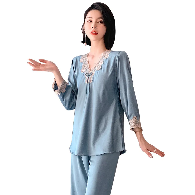 Spring Autumn Pajamas Women's Long Sleeve Ice Lace Sexy Sleepwear Loose Pullover 2021 New Silk Home Wear Nightwear Nightwear