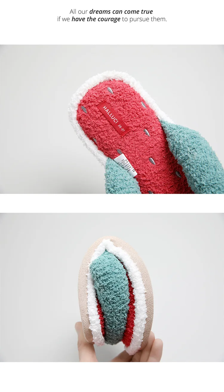 Милые женские домашние тапочки с открытым носком и арбузным мехом Домашние