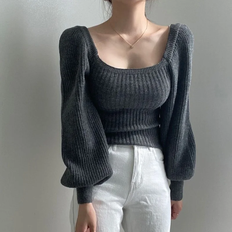 

Новое поступление 2021 осень-зима корейский стиль рукав-фонарик однотонный Универсальный тонкий женский вязаный Повседневный пуловер свите...