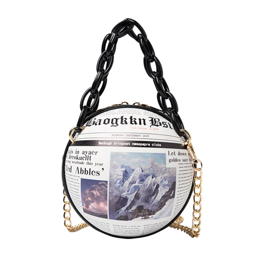 

Newspaper Printing Ball Women Shoulder Bag Fashion Letter Print Round Design Purses and Handbags Chain Crossbody Bag for Women