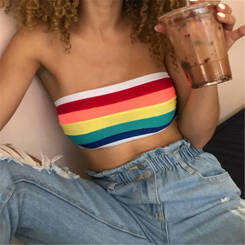 2019 Modis Women Sexy Strapless Tube Tank Top Rainbow Printed Bandeau One-Shoulder Streetwear Crop Wrap Bustier Femme | Женская одежда