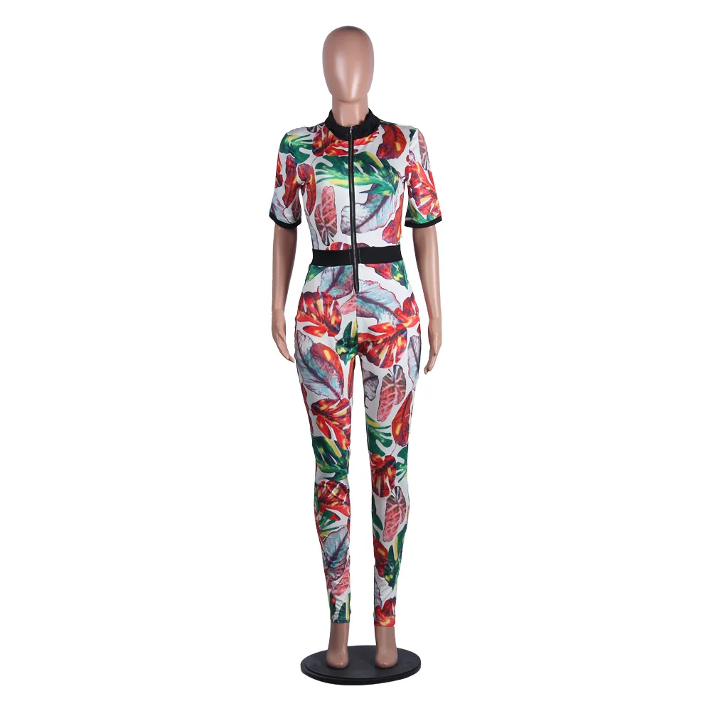 Women Print Zip fashion Jumpsuit Sexy Short Sleeve Elegant Rompers Autumn Spring Bodycon Club Playsuit Long Overalls Plus Size