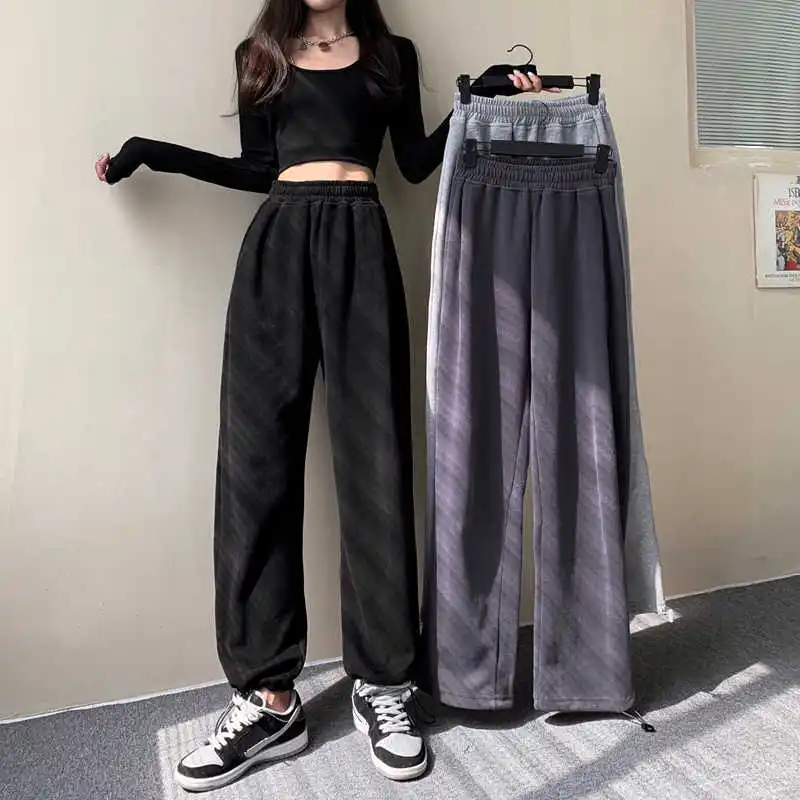 

ICCLEK Hong Kong-style high-waist drawstring loose and thin waistband plus velvet sports casual pants harem pants ti